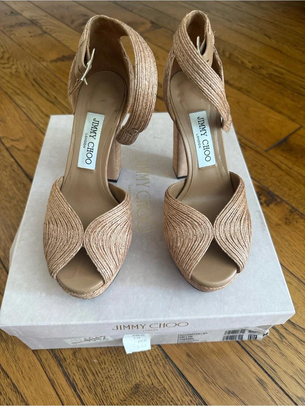 Jimmy Choo Tan Raffia Platform Heels with Ankle Strap